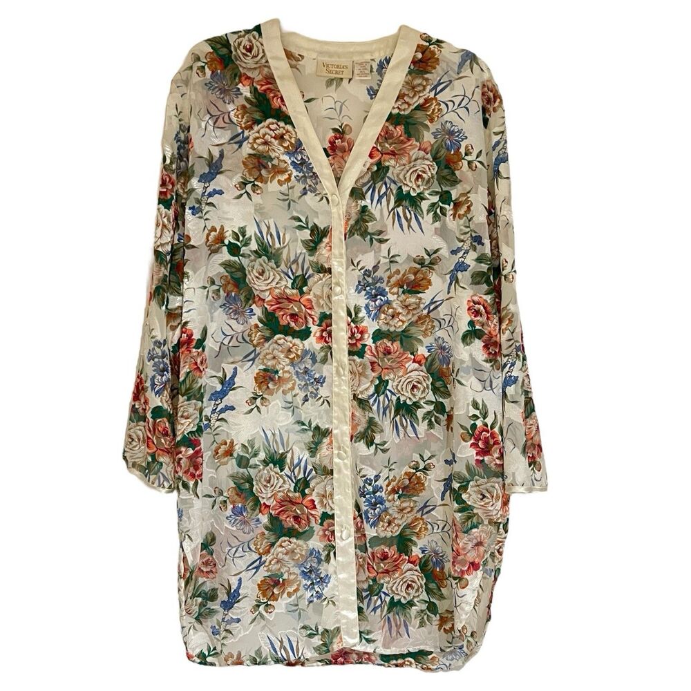 Vtg 80’s Victoria's Secret Gold Label Floral Robe Size M/L Sleep Dress Semisheer